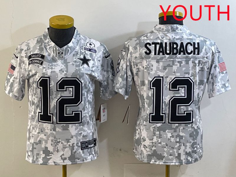 Youth Dallas Cowboys #12 Staubach Camo Nike Olive Salute To Service Limited NFL Jersey style 4->youth nfl jersey->Youth Jersey